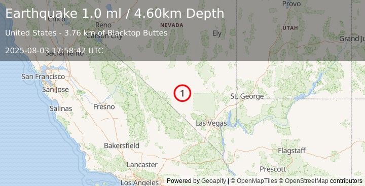 Earthquake 47 km NE of Beatty, Nevada (1.0 ml) (2025-08-03 17:58:42 UTC)