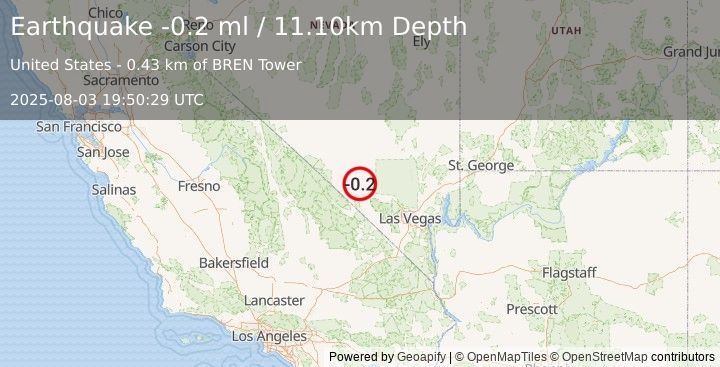 Earthquake 48 km ESE of Beatty, Nevada (-0.2 ml) (2025-08-03 19:50:29 UTC)