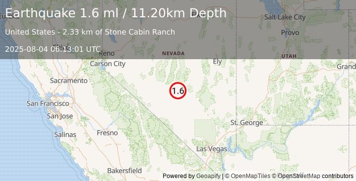 Earthquake 54 km ENE of Tonopah, Nevada (1.6 ml) (2025-08-04 06:13:01 UTC)