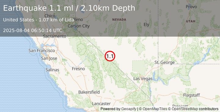 Earthquake 34 km SSE of Silver Peak, Nevada (1.1 ml) (2025-08-04 06:50:14 UTC)