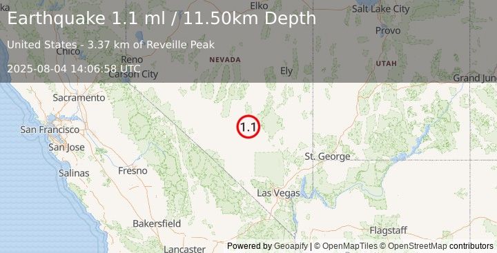 Earthquake 38 km NW of Rachel, Nevada (1.1 ml) (2025-08-04 14:06:58 UTC)