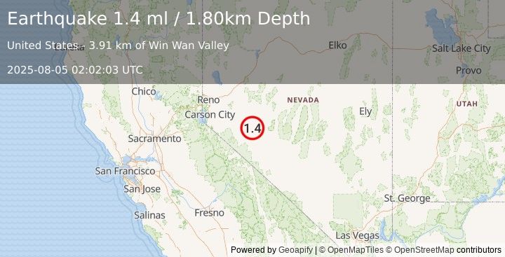 Earthquake 33 km NE of Walker Lake, Nevada (1.4 ml) (2025-08-05 02:02:03 UTC)