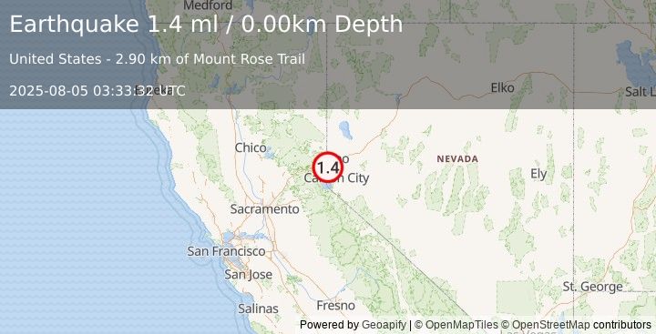Earthquake 5 km SE of Floriston, California (1.4 ml) (2025-08-05 03:33:32 UTC)