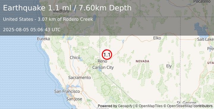 Earthquake 11 km NW of Nixon, Nevada (1.1 ml) (2025-08-05 05:06:43 UTC)