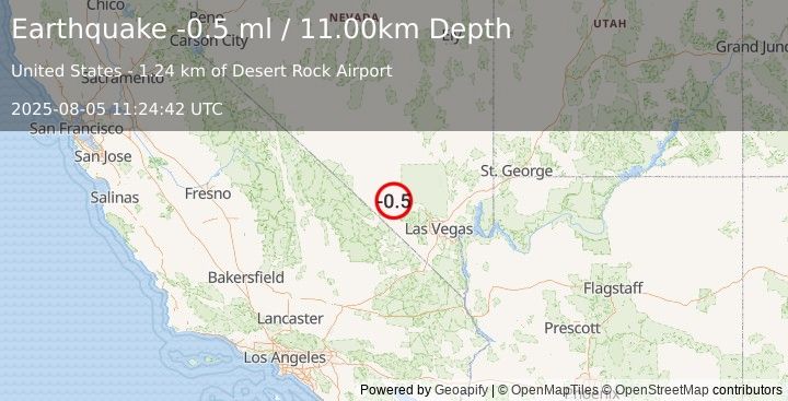 Earthquake 34 km W of Indian Springs, Nevada (-0.5 ml) (2025-08-05 11:24:42 UTC)