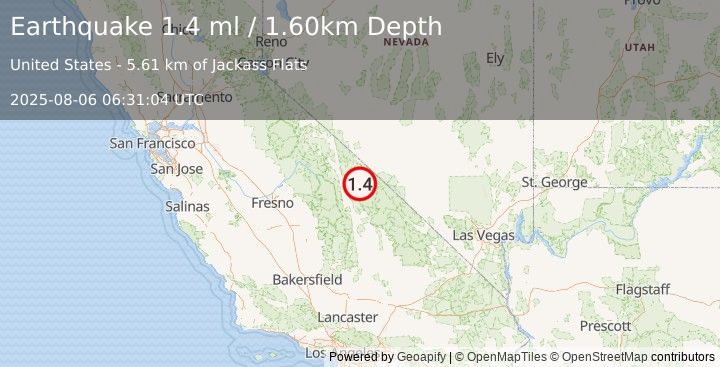 Earthquake 39 km ESE of Big Pine, California (1.4 ml) (2025-08-06 06:31:04 UTC)