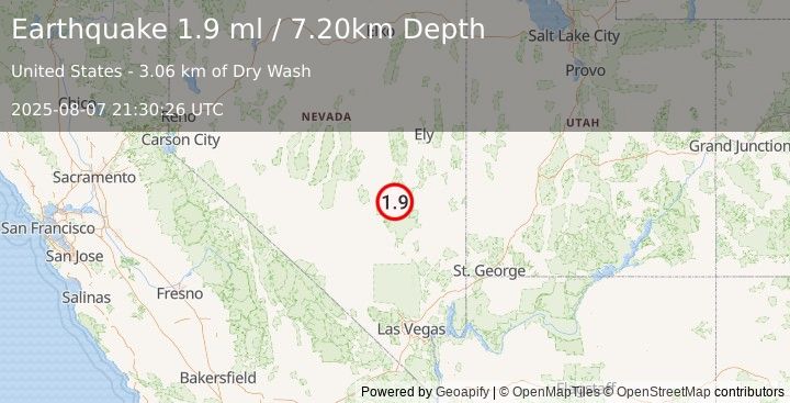 Earthquake 65 km NNE of Rachel, Nevada (1.9 ml) (2025-08-07 21:30:26 UTC)