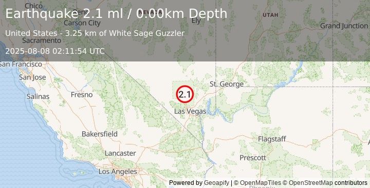Earthquake 33 km NE of Indian Springs, Nevada (2.1 ml) (2025-08-08 02:11:54 UTC)