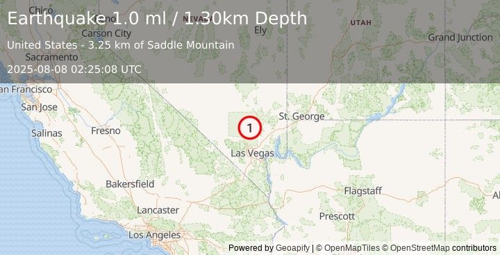 Earthquake 48 km ENE of Indian Springs, Nevada (1.0 ml) (2025-08-08 02:25:08 UTC)