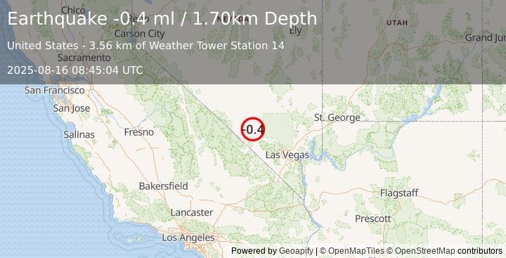 Earthquake 49 km ESE of Beatty, Nevada (-0.4 ml) (2025-08-16 08:45:04 UTC)