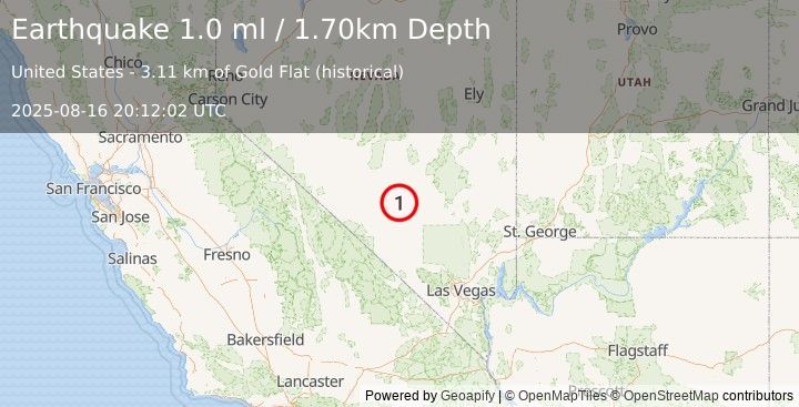 Earthquake 56 km WSW of Rachel, Nevada (1.0 ml) (2025-08-16 20:12:02 UTC)