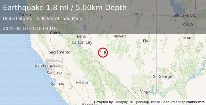 Earthquake 18 km NNW of Mina, Nevada (1.8 ml) (2025-08-16 21:40:03 UTC)
