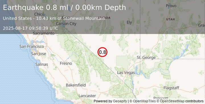 Earthquake 39 km SE of Goldfield, Nevada (0.8 ml) (2025-08-17 09:58:39 UTC)