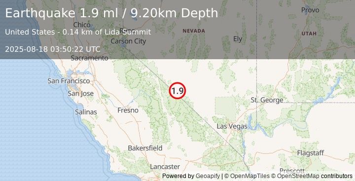 Earthquake 36 km S of Silver Peak, Nevada (1.9 ml) (2025-08-18 03:50:22 UTC)
