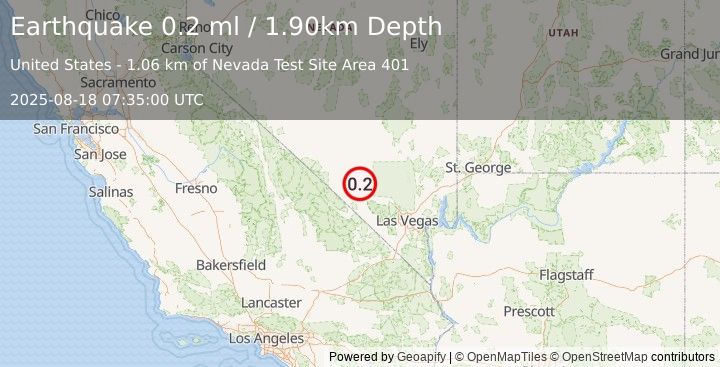 Earthquake 52 km ESE of Beatty, Nevada (0.2 ml) (2025-08-18 07:35:00 UTC)