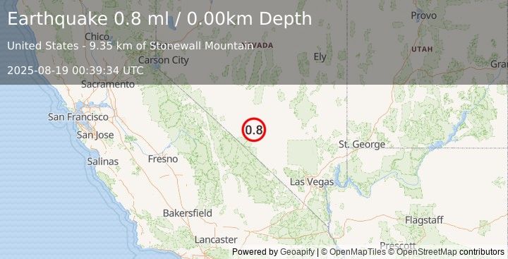 Earthquake 37 km SE of Goldfield, Nevada (0.8 ml) (2025-08-19 00:39:34 UTC)