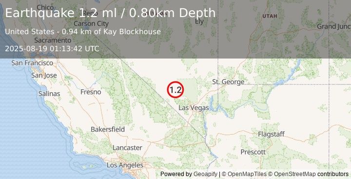 Earthquake 37 km NW of Indian Springs, Nevada (1.2 ml) (2025-08-19 01:13:42 UTC)