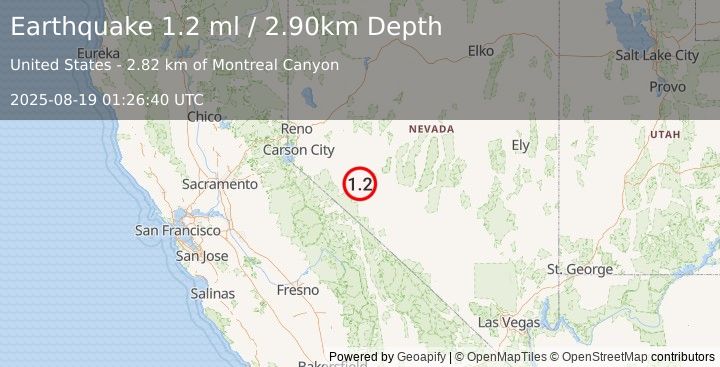 Earthquake 19 km ENE of Hawthorne, Nevada (1.2 ml) (2025-08-19 01:26:40 UTC)