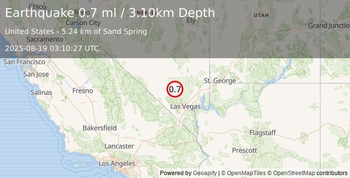 Earthquake 25 km NNE of Indian Springs, Nevada (0.7 ml) (2025-08-19 03:10:27 UTC)