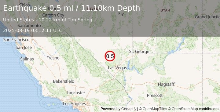 Earthquake 29 km N of Indian Springs, Nevada (0.5 ml) (2025-08-19 03:12:11 UTC)