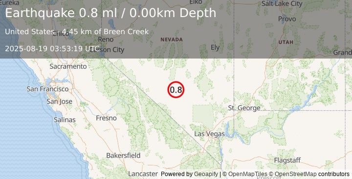 Earthquake 51 km E of Goldfield, Nevada (0.8 ml) (2025-08-19 03:53:19 UTC)