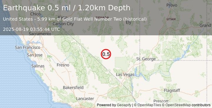Earthquake 55 km NNE of Beatty, Nevada (0.5 ml) (2025-08-19 03:55:44 UTC)