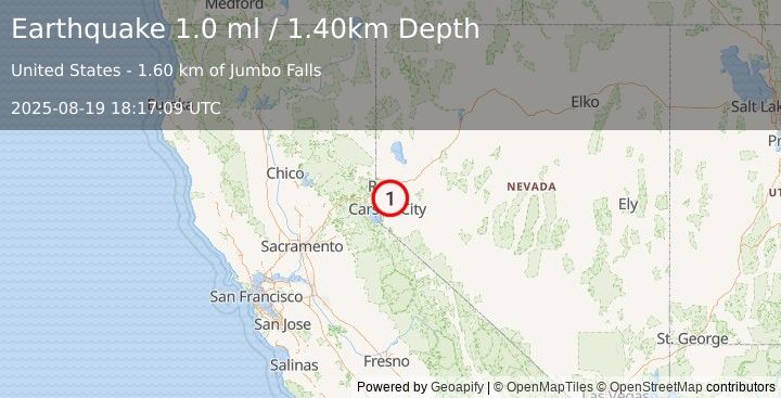 Earthquake 4 km WNW of Virginia City, Nevada (1.0 ml) (2025-08-19 18:17:09 UTC)