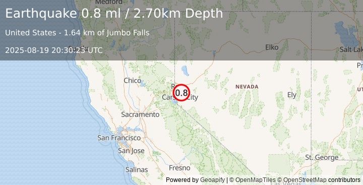 Earthquake 4 km W of Virginia City, Nevada (0.8 ml) (2025-08-19 20:30:23 UTC)