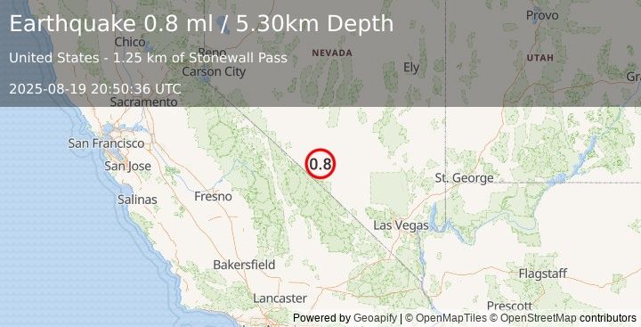 Earthquake 37 km SSE of Goldfield, Nevada (0.8 ml) (2025-08-19 20:50:36 UTC)