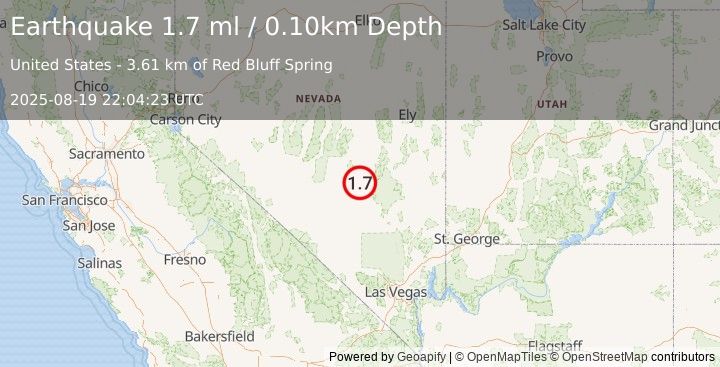 Earthquake 49 km NNW of Rachel, Nevada (1.7 ml) (2025-08-19 22:04:23 UTC)