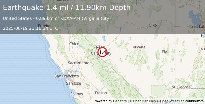 Earthquake 5 km WSW of Dayton, Nevada (1.4 ml) (2025-08-19 23:16:35 UTC)