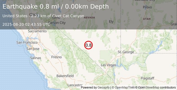 Earthquake 30 km ESE of Goldfield, Nevada (0.8 ml) (2025-08-20 02:43:55 UTC)