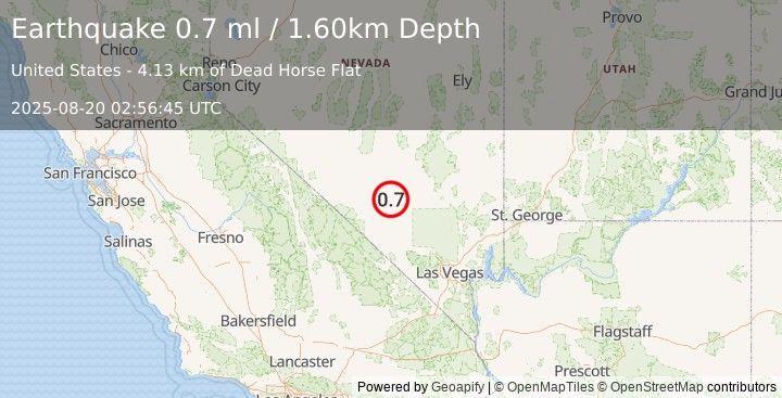 Earthquake 61 km WSW of Rachel, Nevada (0.7 ml) (2025-08-20 02:56:45 UTC)