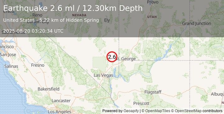 Earthquake 47 km S of Caliente, Nevada (2.6 ml) (2025-08-20 03:20:34 UTC)