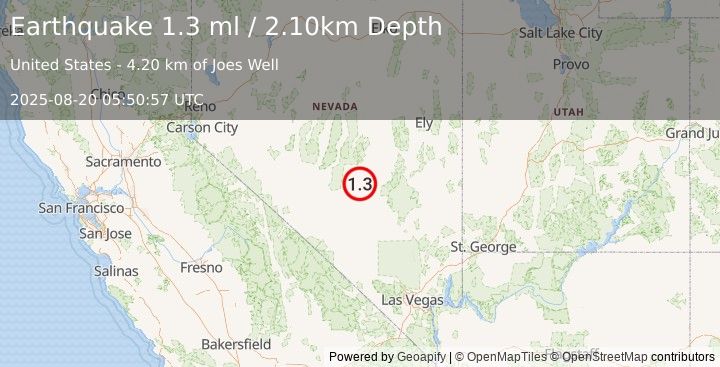 Earthquake 78 km NW of Rachel, Nevada (1.3 ml) (2025-08-20 05:50:57 UTC)