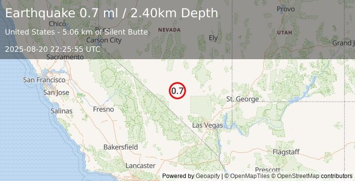Earthquake 59 km NNE of Beatty, Nevada (0.7 ml) (2025-08-20 22:25:55 UTC)
