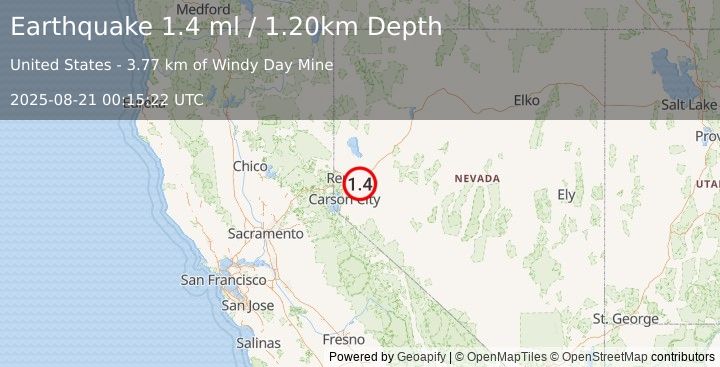 Earthquake 7 km NW of Stagecoach, Nevada (1.4 ml) (2025-08-21 00:15:22 UTC)