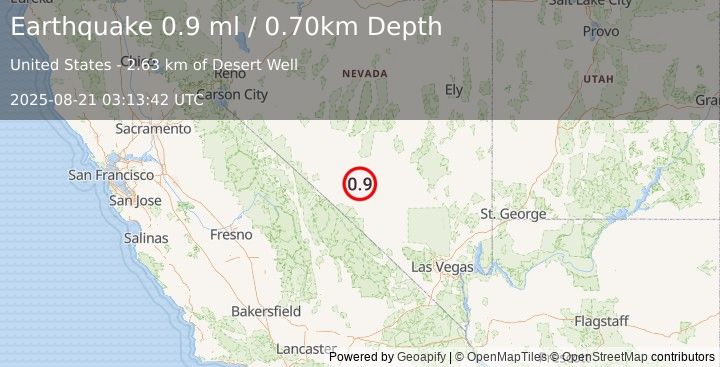 Earthquake 26 km ESE of Goldfield, Nevada (0.9 ml) (2025-08-21 03:13:42 UTC)