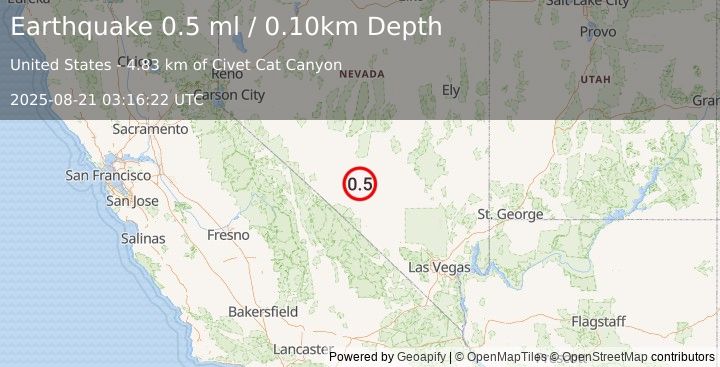 Earthquake 31 km ESE of Goldfield, Nevada (0.5 ml) (2025-08-21 03:16:22 UTC)