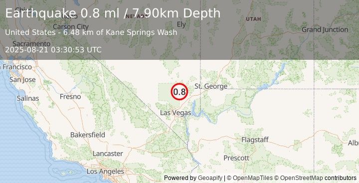 Earthquake 42 km NW of Moapa Town, Nevada (0.8 ml) (2025-08-21 03:30:53 UTC)