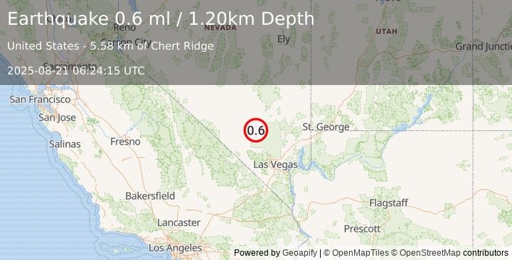 Earthquake 50 km N of Indian Springs, Nevada (0.6 ml) (2025-08-21 06:24:15 UTC)