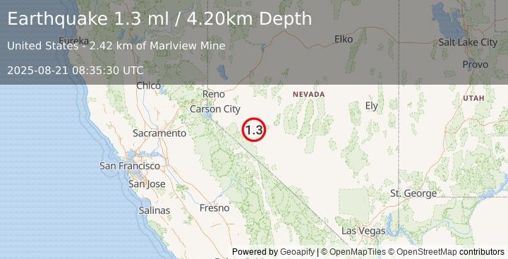 Earthquake 16 km NNE of Hawthorne, Nevada (1.3 ml) (2025-08-21 08:35:30 UTC)