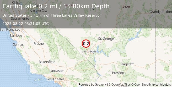 Earthquake 28 km NE of Indian Springs, Nevada (0.2 ml) (2025-08-22 03:21:05 UTC)