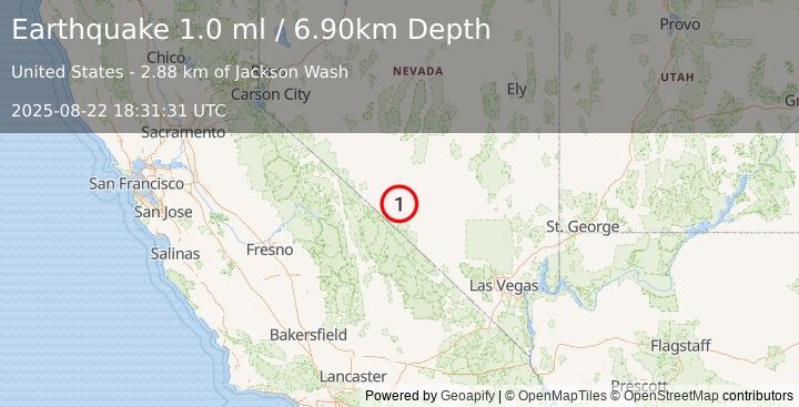Earthquake 27 km S of Goldfield, Nevada (1.0 ml) (2025-08-22 18:31:31 UTC)