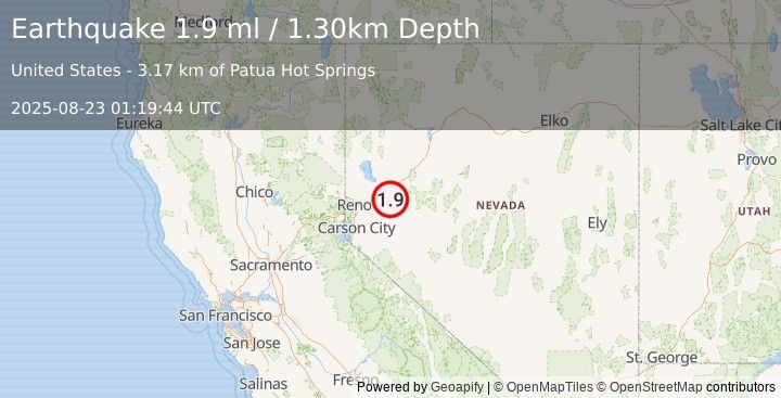 Earthquake 14 km E of Fernley, Nevada (1.8 ml) (2025-08-23 01:19:45 UTC)