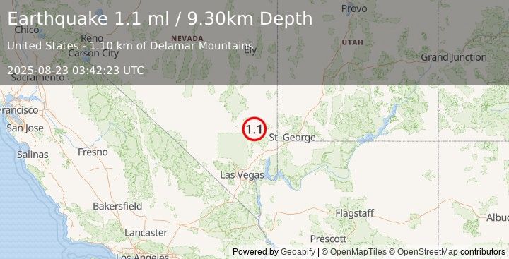 Earthquake 36 km ESE of Alamo, Nevada (1.1 ml) (2025-08-23 03:42:23 UTC)