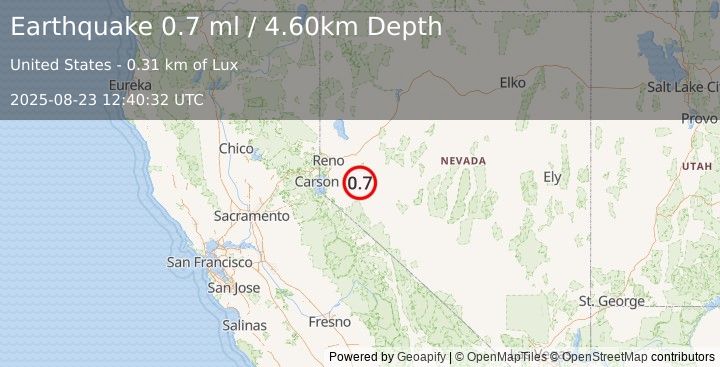 Earthquake 16 km NNE of Yerington, Nevada (0.7 ml) (2025-08-23 12:40:32 UTC)
