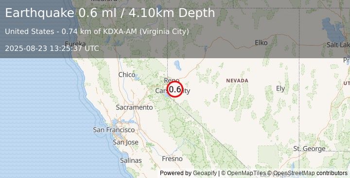 Earthquake 6 km WSW of Dayton, Nevada (0.6 ml) (2025-08-23 13:25:37 UTC)