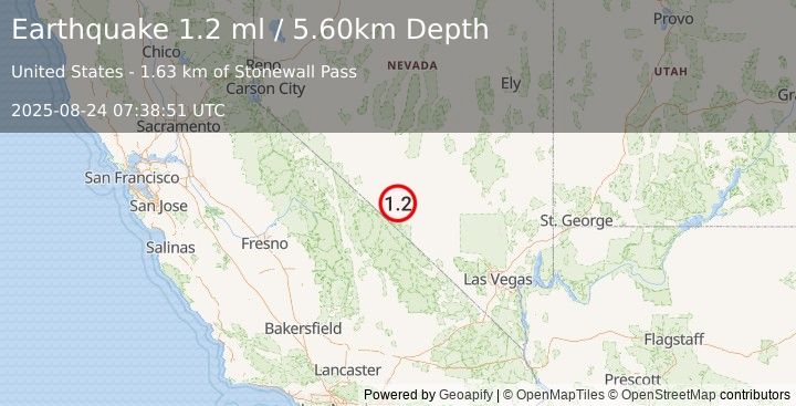 Earthquake 38 km SSE of Goldfield, Nevada (1.2 ml) (2025-08-24 07:38:51 UTC)