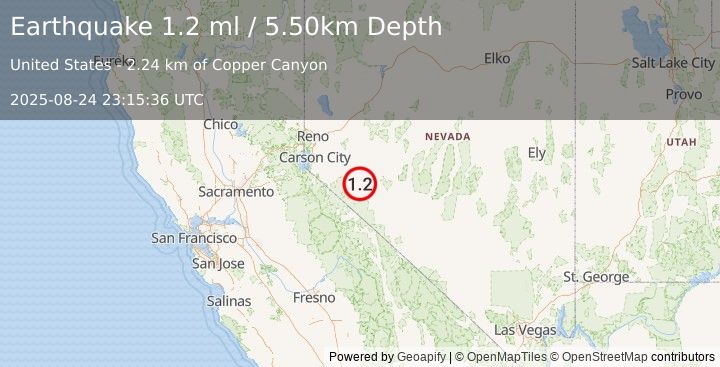 Earthquake 7 km NNW of Walker Lake, Nevada (1.2 ml) (2025-08-24 23:15:36 UTC)